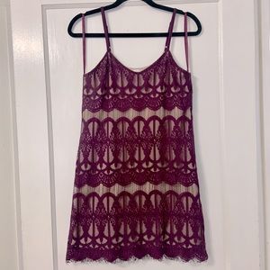 Spaghetti strap shift dress nude inlay and purple lace overlay